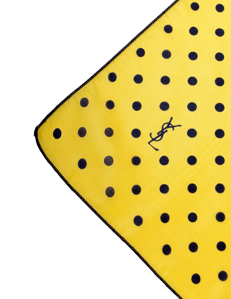 Yves Saint Laurent Vintage YSL Yellow and Black Polka Dot Silk Pocket Square Scarf