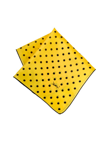 Yves Saint Laurent Vintage YSL Yellow and Black Polka Dot Silk Pocket Square Scarf