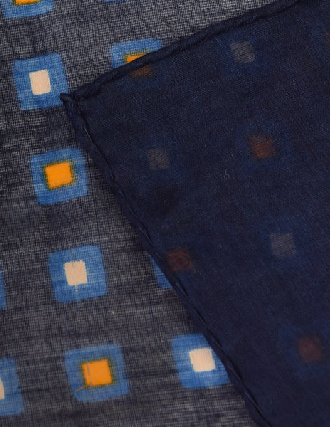 Yves Saint Laurent Vintage Blue Yellow White Graphic Square Print Cotton Scarf