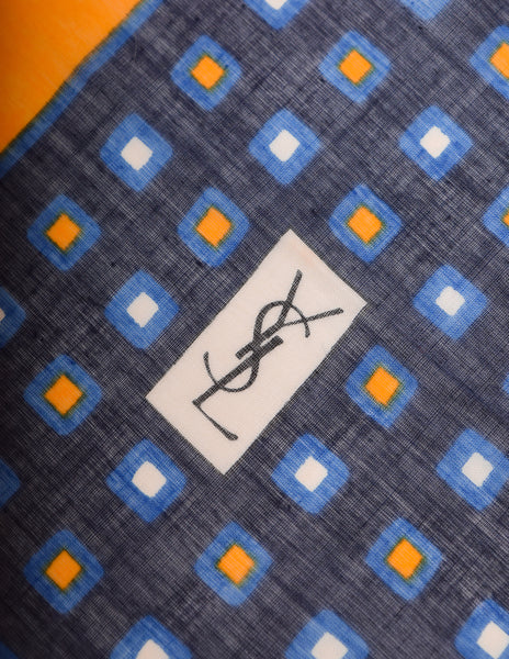 Yves Saint Laurent Vintage Blue Yellow White Graphic Square Print Cotton Scarf