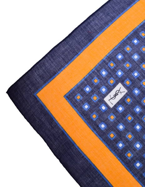 Yves Saint Laurent Vintage Blue Yellow White Graphic Square Print Cotton Scarf