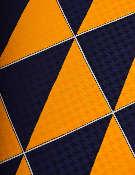 Yves Saint Laurent Vintage Navy Blue Yellow Geometric Print Houndstooth Silk Jacquard Scarf