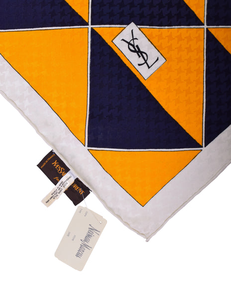 Yves Saint Laurent Vintage Navy Blue Yellow Geometric Print Houndstooth Silk Jacquard Scarf