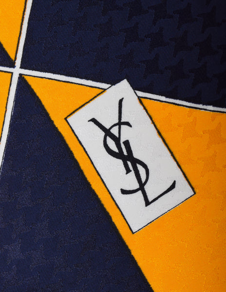 Yves Saint Laurent Vintage Navy Blue Yellow Geometric Print Houndstooth Silk Jacquard Scarf