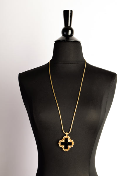 YSL Vintage Gold and Black Glass Maltese Cross Necklace