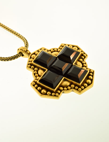 YSL Vintage Gold and Black Glass Maltese Cross Necklace