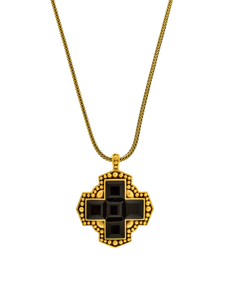 YSL Vintage Gold and Black Glass Maltese Cross Necklace