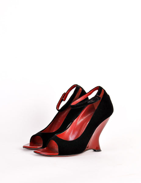 Yves Saint Laurent Vintage Black Velvet & Red Curved Wedge Heels