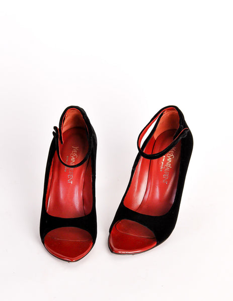 Yves Saint Laurent Vintage Black Velvet & Red Curved Wedge Heels