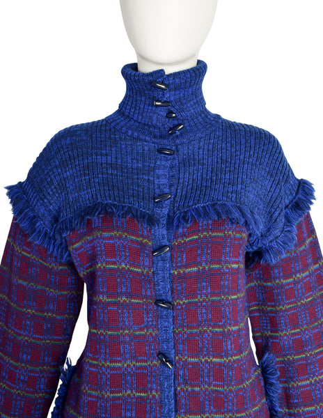 Yves Saint Laurent Vintage AW 1977 Blue Burgundy Plaid Knit Fringe Button Up Cardigan Sweater Jacket