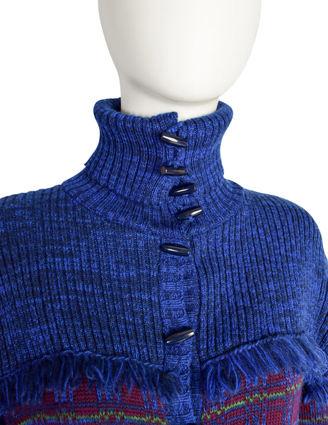 Yves Saint Laurent Vintage AW 1977 Blue Burgundy Plaid Knit Fringe Button Up Cardigan Sweater Jacket