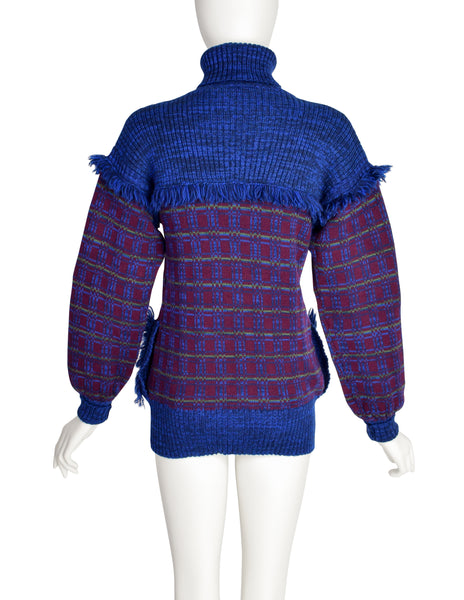 Yves Saint Laurent Vintage AW 1977 Blue Burgundy Plaid Knit Fringe Button Up Cardigan Sweater Jacket