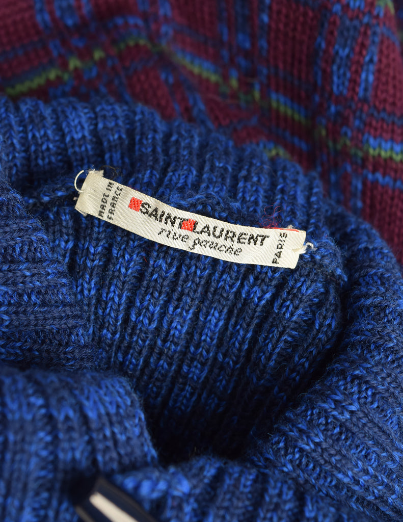 Yves Saint Laurent Vintage AW 1977 Blue Burgundy Plaid Knit Fringe But Amarcord Vintage Fashion
