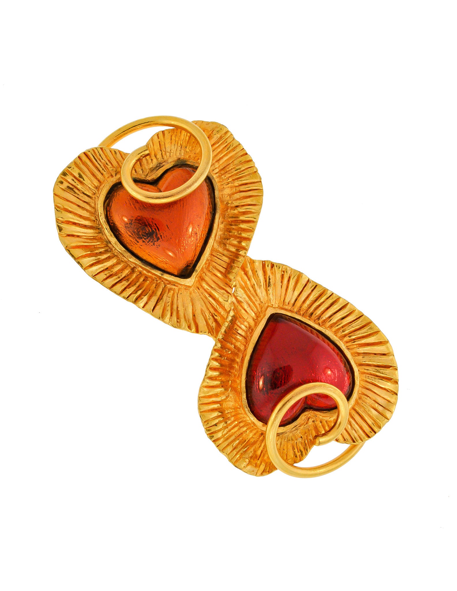 YSL Vintage Red & Orange Double Heart Gold Brooch