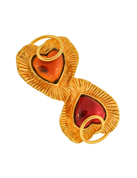 YSL Vintage Red & Orange Double Heart Gold Brooch