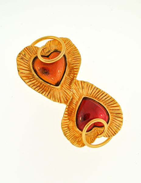 YSL Vintage Red & Orange Double Heart Gold Brooch