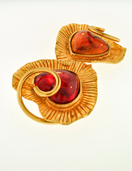 YSL Vintage Red & Orange Double Heart Gold Brooch