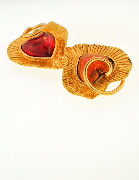 YSL Vintage Red & Orange Double Heart Gold Brooch