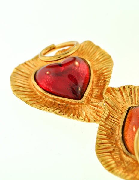 YSL Vintage Red & Orange Double Heart Gold Brooch