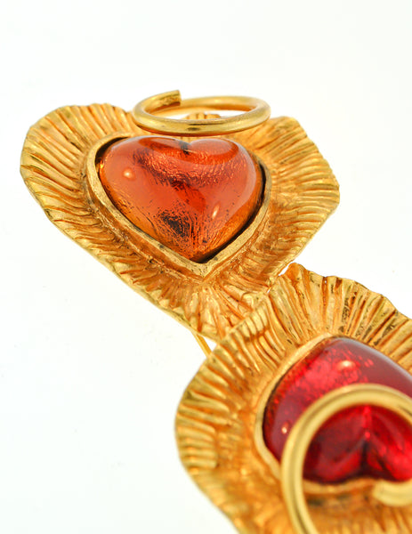 YSL Vintage Red & Orange Double Heart Gold Brooch