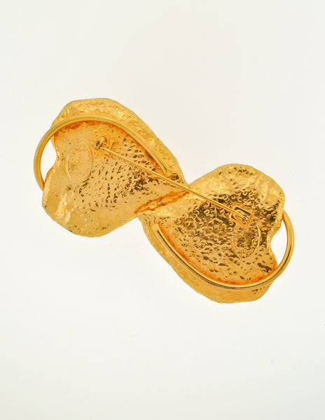 YSL Vintage Red & Orange Double Heart Gold Brooch
