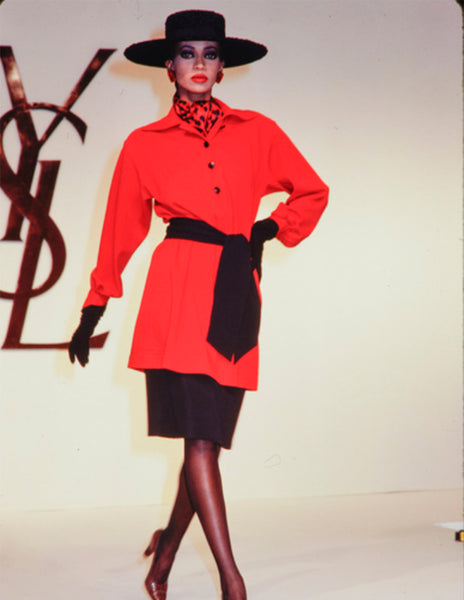 Yves Saint Laurent Vintage AW 1983 Red Black Leopard Print Silk Charmeuse Lavalliere Blouse