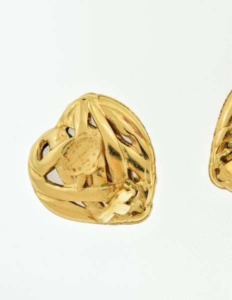 YSL Vintage Gold Green Gripoix Glass Heart Earrings