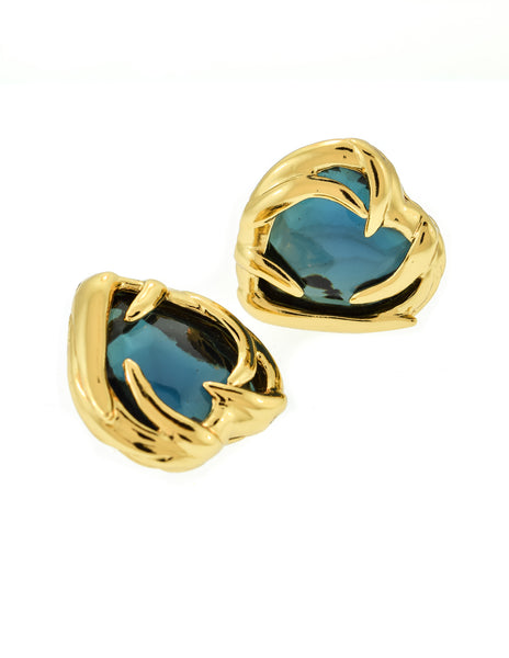 YSL Vintage Gold Green Gripoix Glass Heart Earrings - Amarcord Vintage Fashion
 - 3