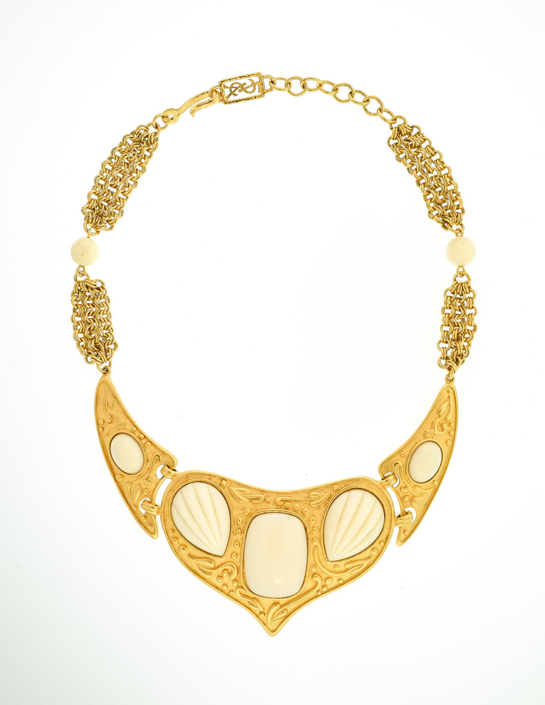 YSL Vintage White Cabochon Brushed Gold Plaque Multistrand