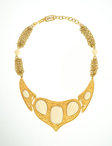YSL Vintage White Cabochon Brushed Gold Plaque Multistrand Necklace