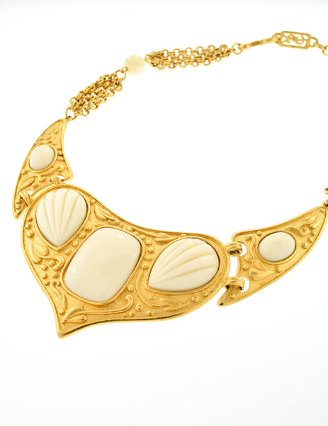 YSL Vintage White Cabochon Brushed Gold Plaque Multistrand Necklace