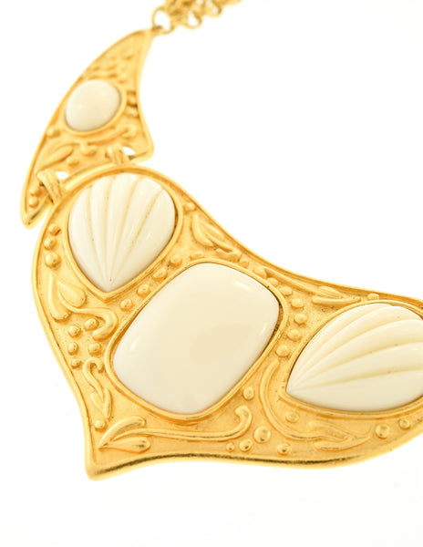 YSL Vintage White Cabochon Brushed Gold Plaque Multistrand Necklace