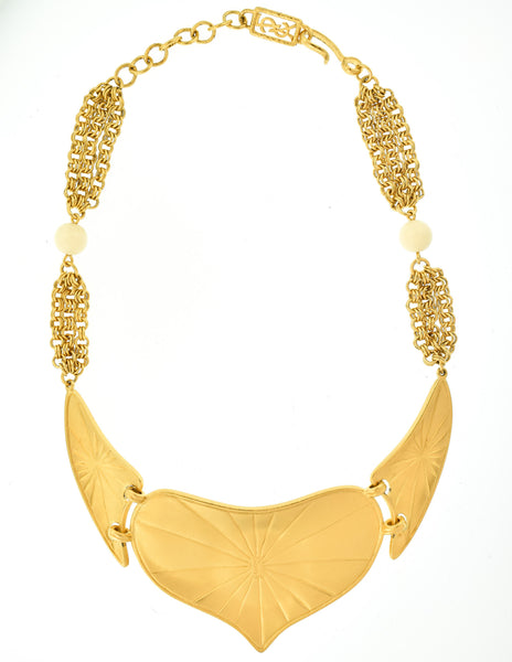 YSL Vintage White Cabochon Brushed Gold Plaque Multistrand Necklace