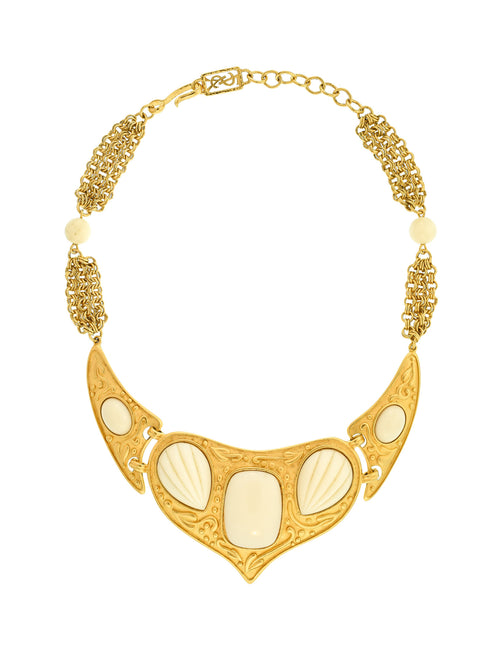 YSL Vintage White Cabochon Brushed Gold Plaque Multistrand