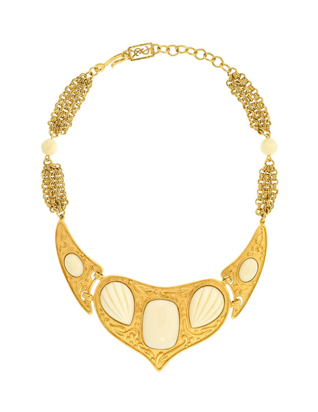 YSL Vintage White Cabochon Brushed Gold Plaque Multistrand Necklace - Amarcord Vintage Fashion
 - 1
