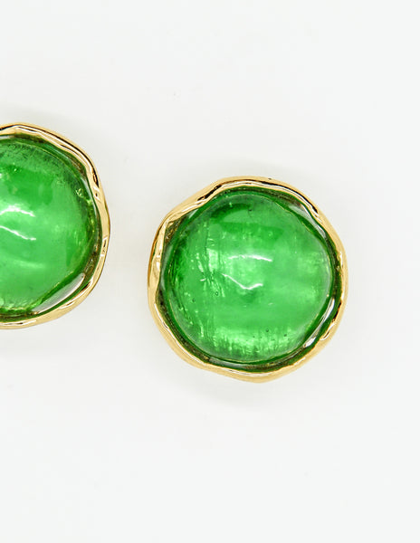 YSL Vintage Green Gripoix Glass and Gold Earrings