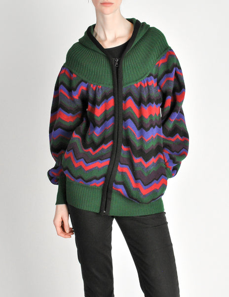 Saint Laurent Rive Gauche Vintage Chevron Knit Hooded Sweater Jacket