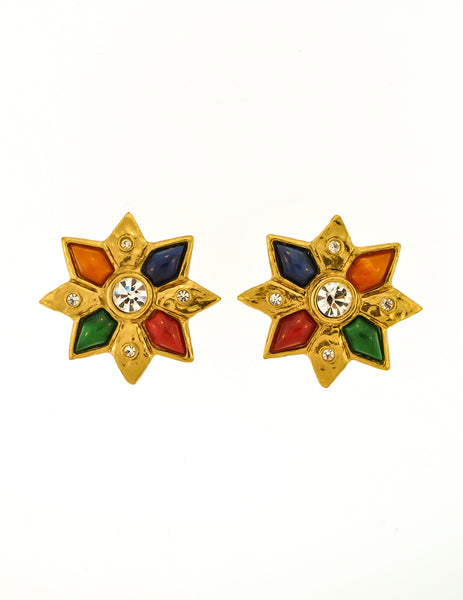 YSL Vintage Multicolor Gold Rhinestone Star Earrings