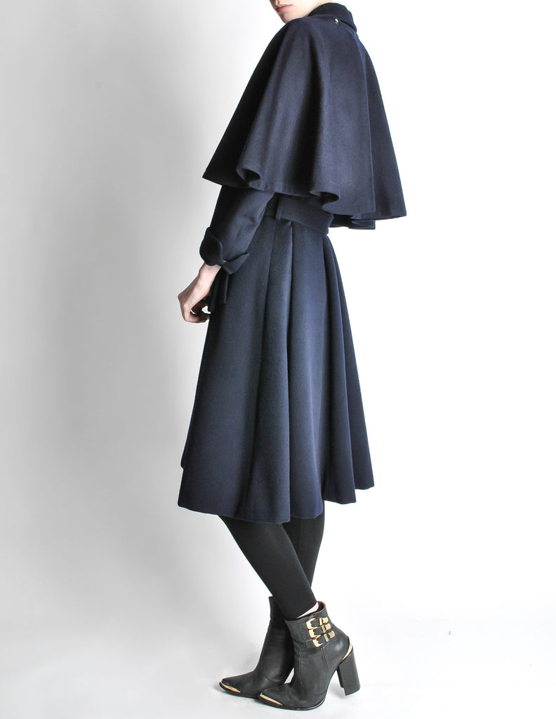 Saint Laurent Rive Gauche Vintage Navy Blue Wool Cape Trench Coat