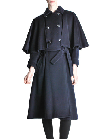 Saint Laurent Rive Gauche Vintage Navy Blue Wool Cape Trench Coat