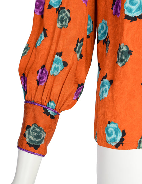 Yves Saint Laurent Vintage SS 1982 Orange Purple Turquoise Rose Floral Silk Jacquard Shirt