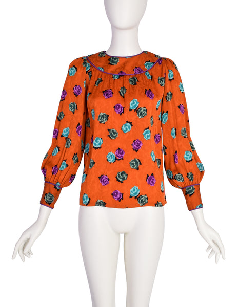 Yves Saint Laurent Vintage SS 1982 Orange Purple Turquoise Rose Floral Silk Jacquard Shirt