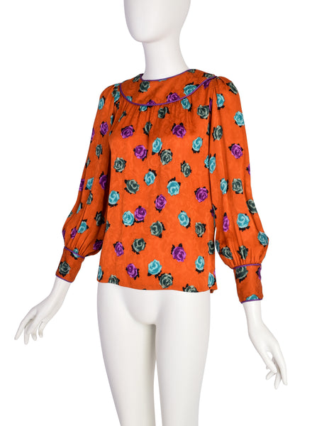 Yves Saint Laurent Vintage SS 1982 Orange Purple Turquoise Rose Floral Silk Jacquard Shirt