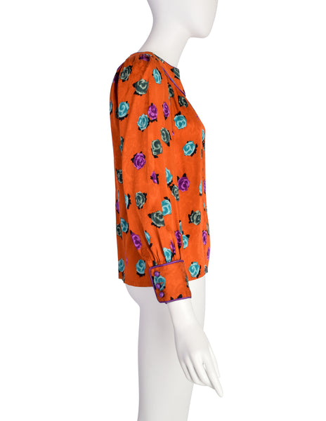 Yves Saint Laurent Vintage SS 1982 Orange Purple Turquoise Rose Floral Silk Jacquard Shirt