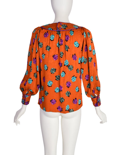 Yves Saint Laurent Vintage SS 1982 Orange Purple Turquoise Rose Floral Silk Jacquard Shirt