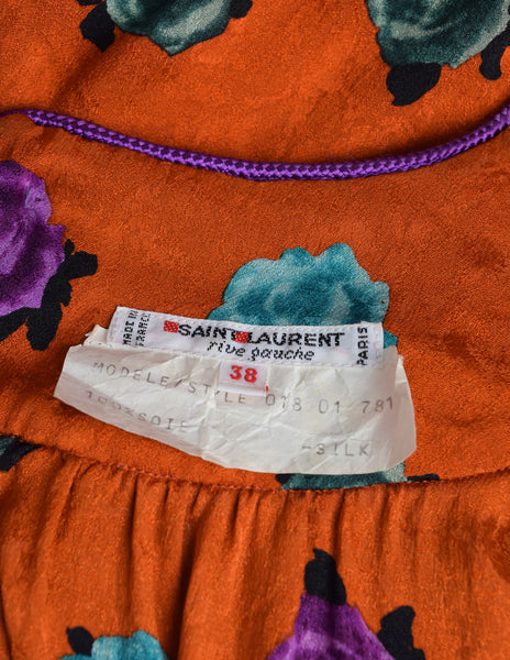 Yves Saint Laurent Vintage SS 1982 Orange Purple Turquoise Rose Floral Silk Jacquard Shirt