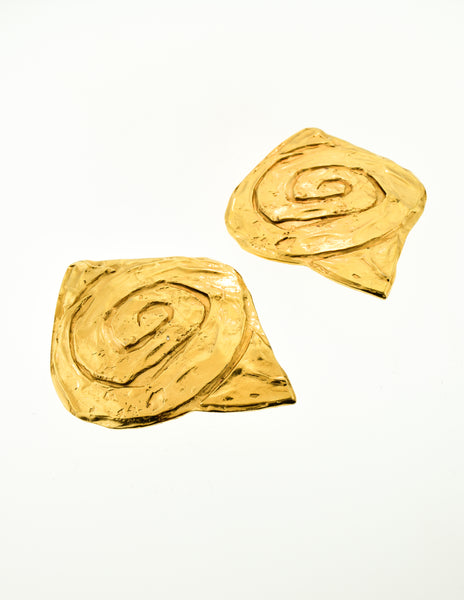 YSL Vintage  Gold Swirl Ear Plate Oversized Earrings