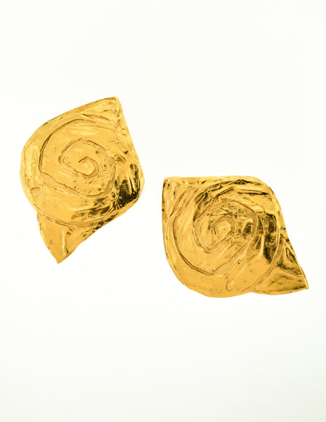 YSL Vintage  Gold Swirl Ear Plate Oversized Earrings