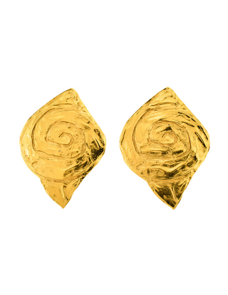 YSL Vintage  Gold Swirl Ear Plate Oversized Earrings
