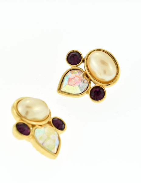 YSL Vintage Pearl Rhinestone Iridescent Heart Earrings
